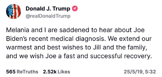 特朗普就拜登前列腺癌诊断祝愿其 “早日顺利康复”