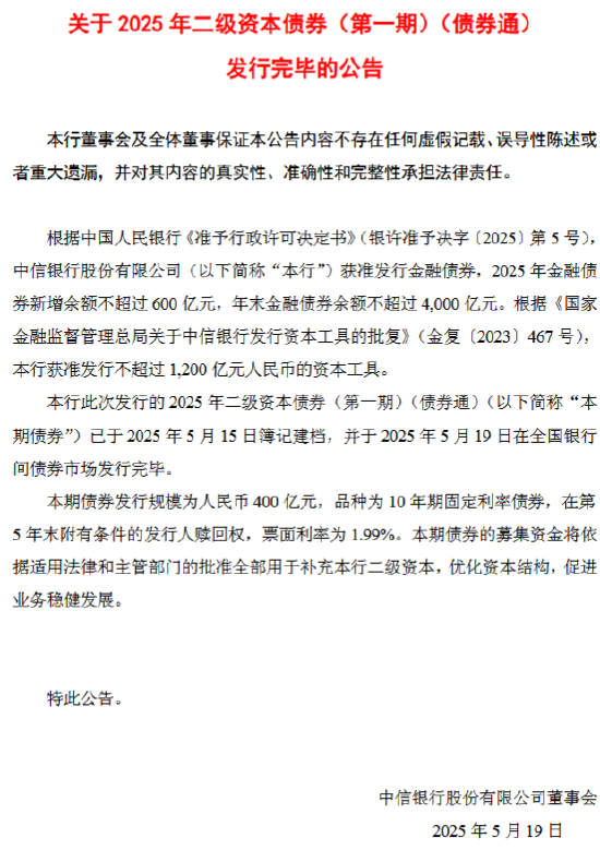 中信银行完成发行400亿元二级资本债券