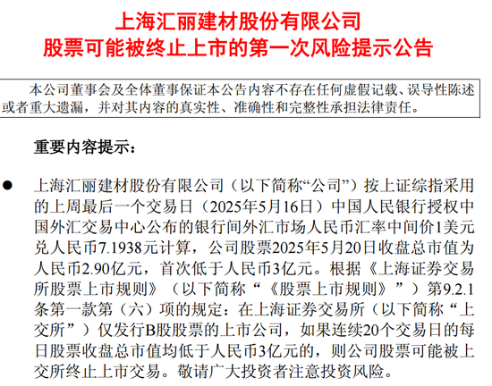 又一家，有退市风险，汇丽B股价跌停！