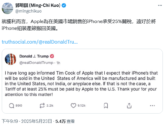 郭明錤：苹果宁愿额外承担25%关税也比在美生产好得多