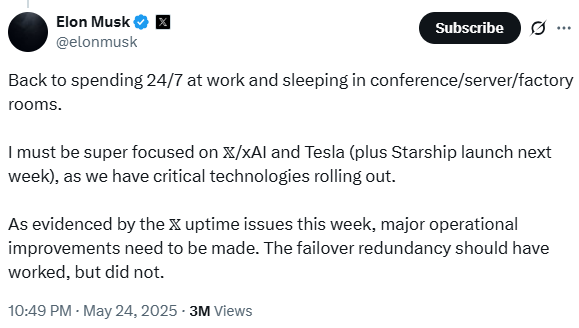 “战时模式”回归！马斯克誓言“高度专注”：要回到每天 24 小时都在工作，睡在会议室/服务器/工厂房间里了