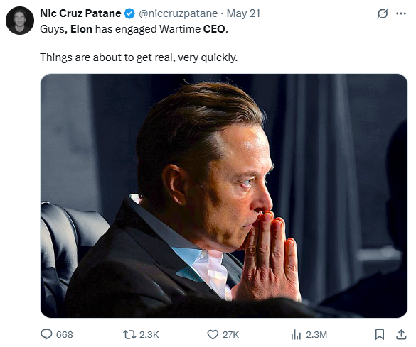 “战时模式”回归！马斯克誓言“高度专注”：要回到每天 24 小时都在工作，睡在会议室/服务器/工厂房间里了