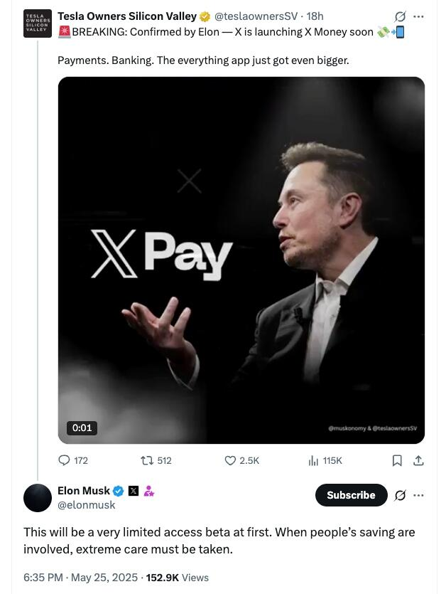 效仿微信支付?马斯克确认很快推出“X Money”