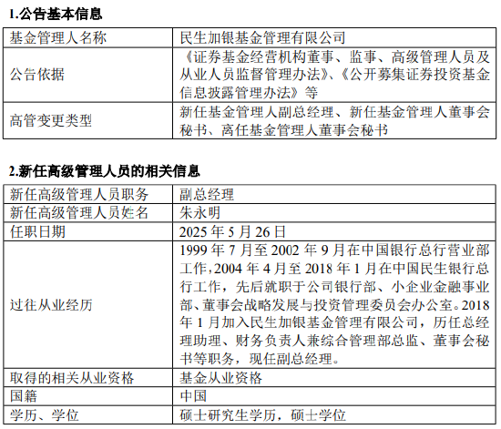 民生加银基金高管变更：朱永明转任副总经理 新任丁辉为董事会秘书