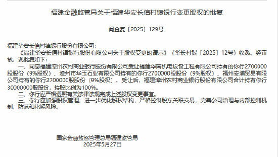 福建漳州农商银行获准增持福建华安长信村镇银行，持股比例100%