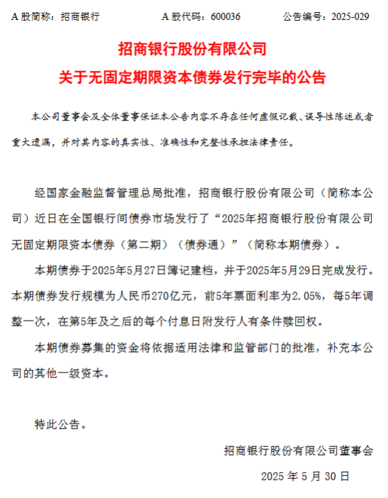招商银行：2025年无固定期限资本债券发行完毕（第二期）（债券通）