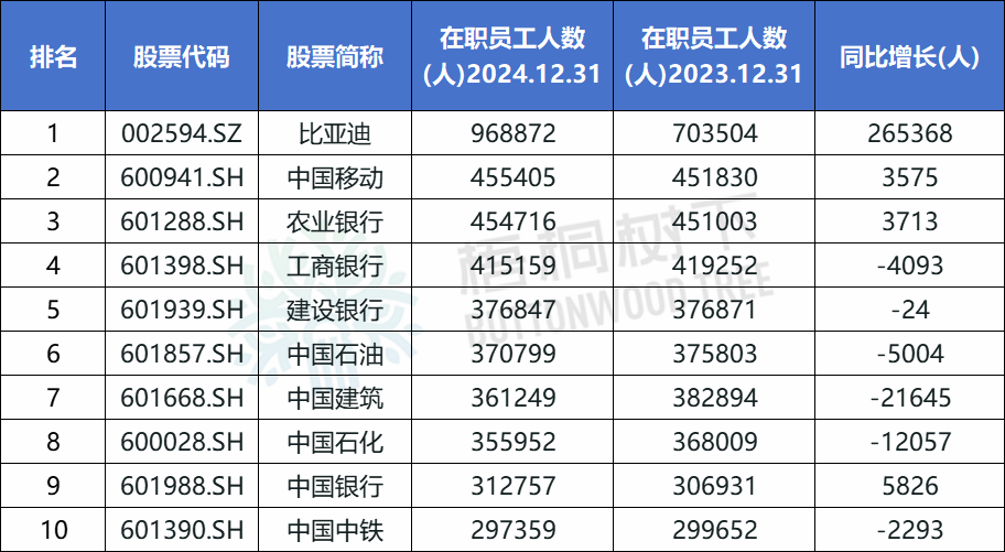 A股公司员工人数排名，比亚迪最多，96.89万人，最少仅18人