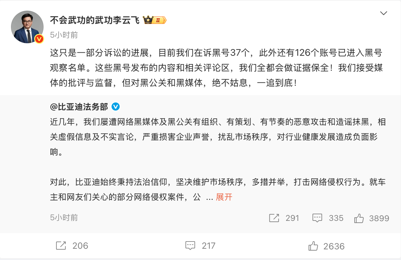 比亚迪李云飞回应黑公关：在诉黑号37个，观察126个
