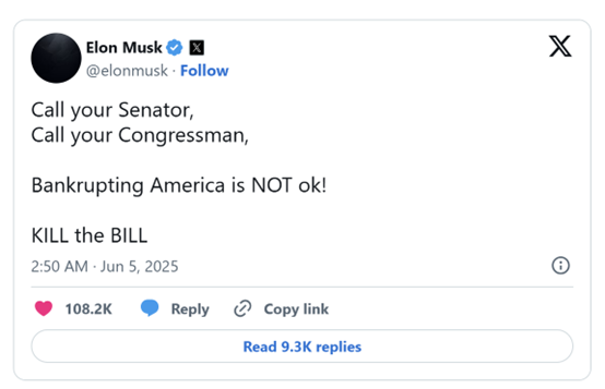 马斯克再度炮轰特朗普 “大而美法案”:将使美国背上沉重债务负担!