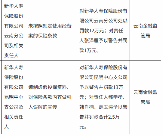 新华保险云南分公司与昆明中心支公司合计被罚25万元：未按照规定使用经备案的保险条款等