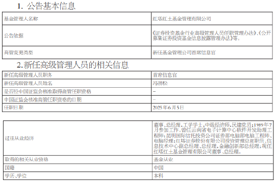 红塔红土基金新任冯劲松为首席信息官