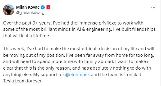 特斯拉人形机器人Optimus项目负责人宣布离职：希望更多陪伴家人