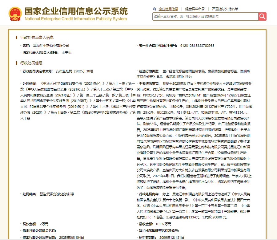 黑龙江中新酒业有限公司因食品标签违法被罚20000元
