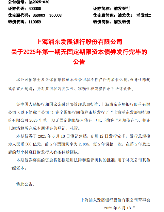 浦发银行:300亿元无固定期限资本债券发行完毕