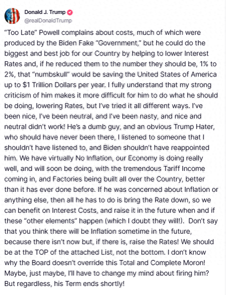 特朗普再批鲍威尔：若降息至1%-2% 每年可省万亿美元