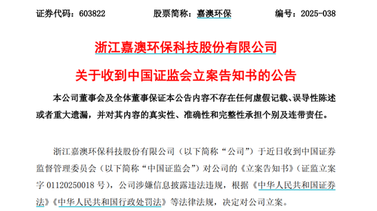 涉嫌信息披露违法违规,嘉澳环保被证监会立案