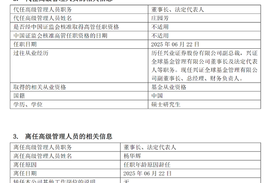 杨华辉辞任董事长，庄园芳代履职，兴证全球基金营收连降3年