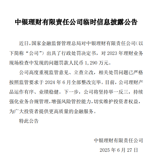 中银理财回应被罚1290万元：公司高度重视，已于去年6月完成监管整改要求