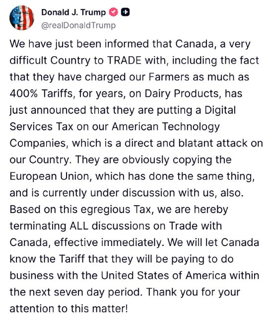 特朗普宣布立即中断与加拿大的贸易谈判 威胁对该国征收新关税