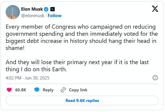 马斯克再度向特朗普支出法案开炮 称支持者将在初选中“付出代价”