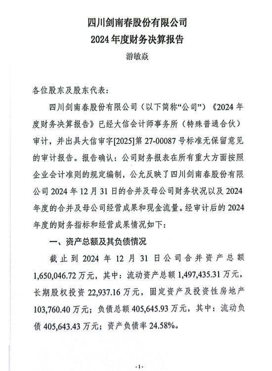 剑南春股份营收106.6亿,2024年度大手笔分红35亿