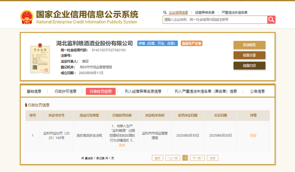 九类白酒产品标签标识违规！湖北监利粮酒酒业被罚2.8万元