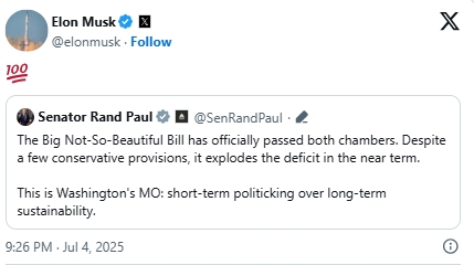 马斯克在特朗普“美丽大法案”通过后首次发声 支持参议员保罗对该法案的批评