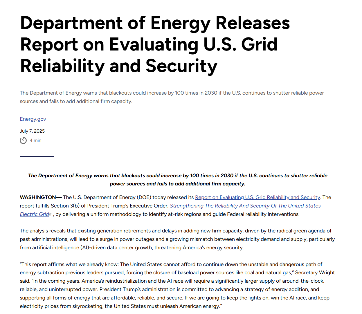 响应特朗普？美国能源部：五年内停电次数恐翻倍，应重振煤炭行业！