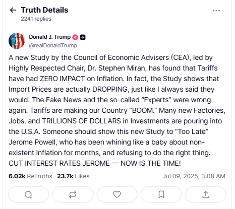 白宫顾问料关税推高通胀可能性极低，特朗普再次施压鲍威尔降息！