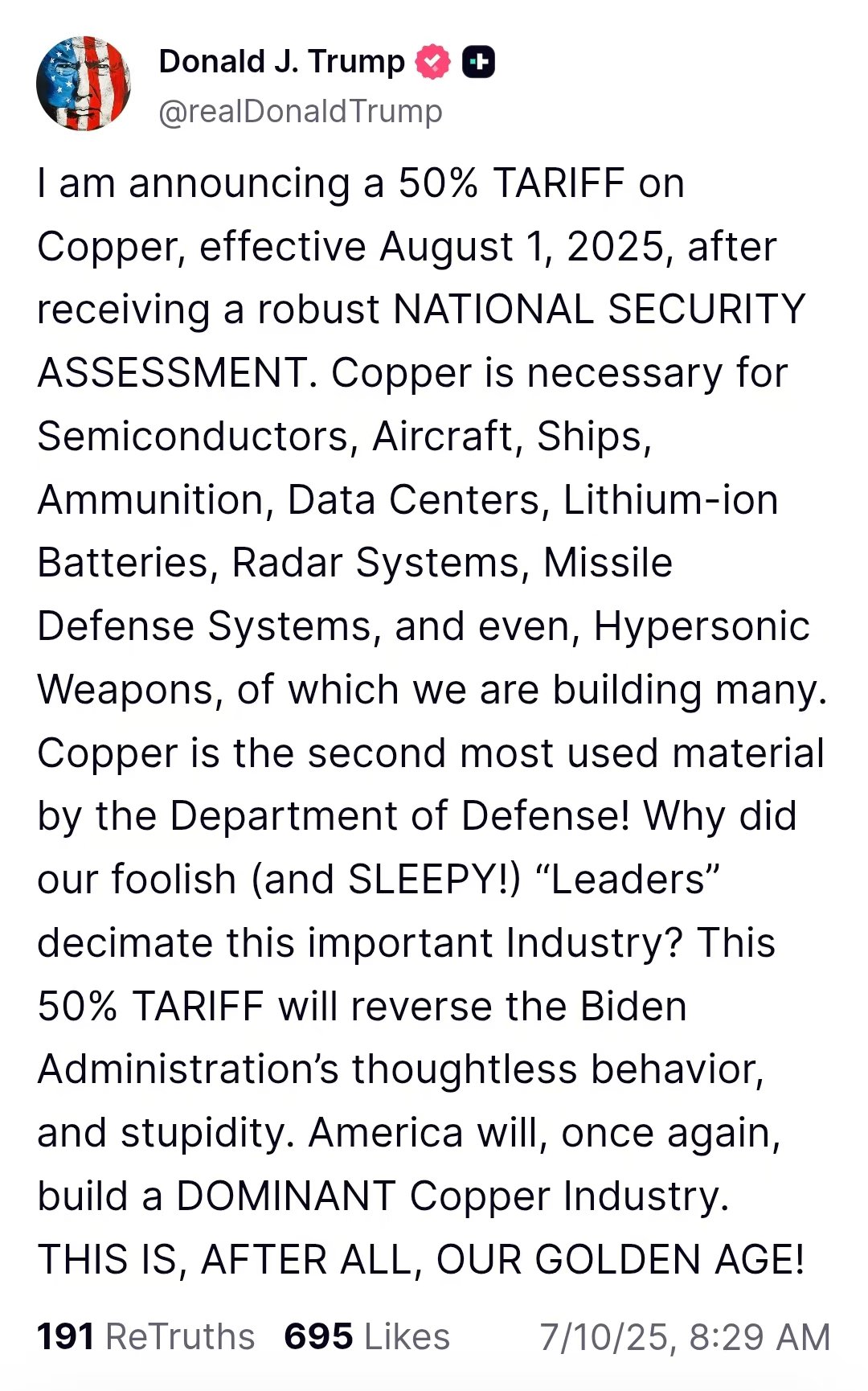 特朗普宣布对铜征收50%关税 8月1日起生效