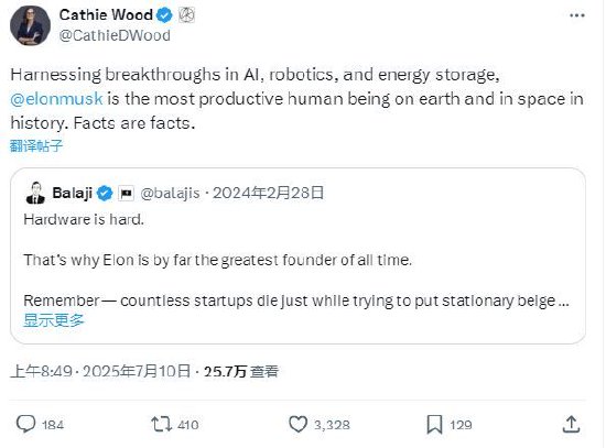 “木头姐”称马斯克是“地球和太空史上最具生产力的人”