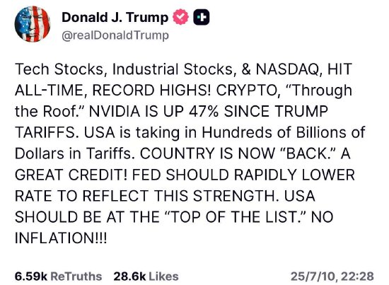 特朗普称赞英伟达股价 呼吁美联储迅速降息