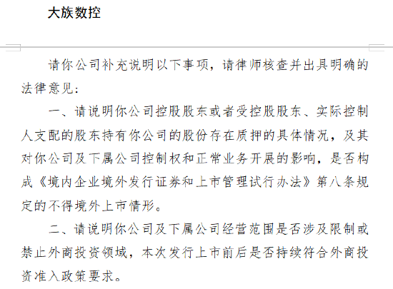 大族数控赴港上市收证监会反馈意见：关注股份质押影响及外商投资领域合规性