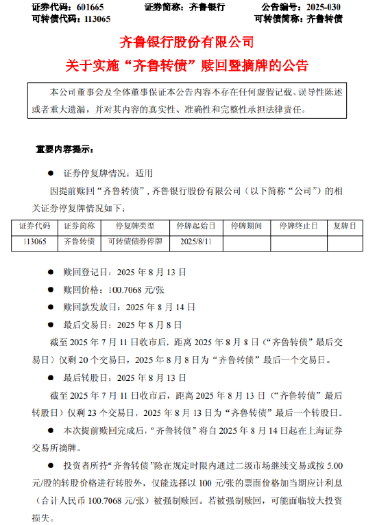 齐鲁银行：“齐鲁转债”提前赎回后 将自8月14日起在上交所摘牌