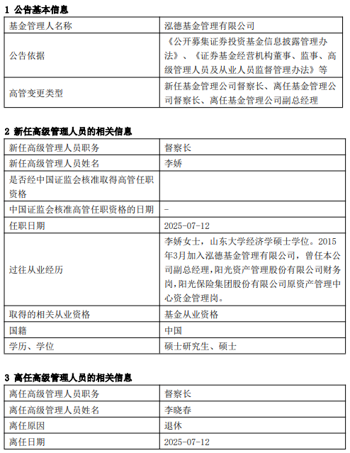 泓德基金高管“换血”：十年老将退休 副总经理李娇接棒督察长