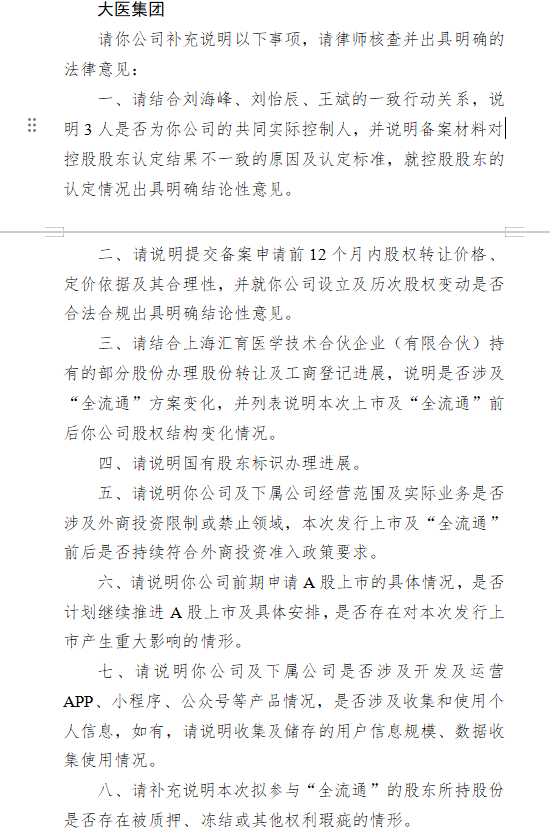 大医集团收到证监会境外上市备案反馈 需说明共同实际控制人认定等问题