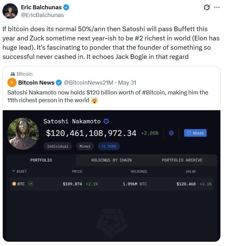 再往前就是巴菲特!中本聪已成为全球第11大富豪?