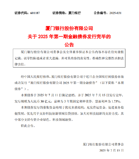 厦门银行：30亿元金融债券发行完毕