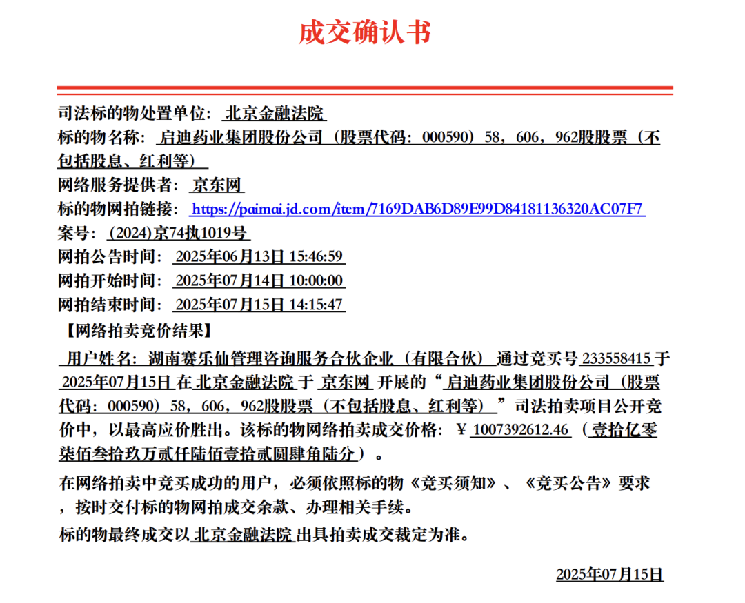 138轮出价，10亿元成交！000590，股权拍卖落槌