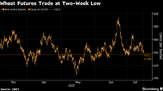 小麦跌至两周低点 美国小麦作物状况强劲而需求停滞
