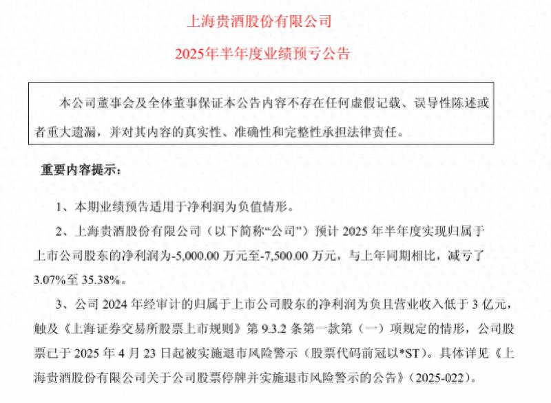 上海贵酒半年预亏最高7500万，退市警报拉响财务危机难解