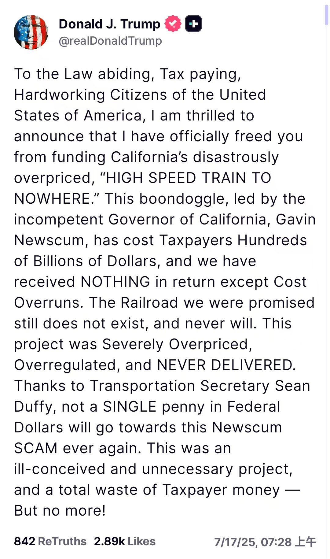 特朗普：将停止为加州高铁项目提供资金 这是一个荒唐且不必要的项目