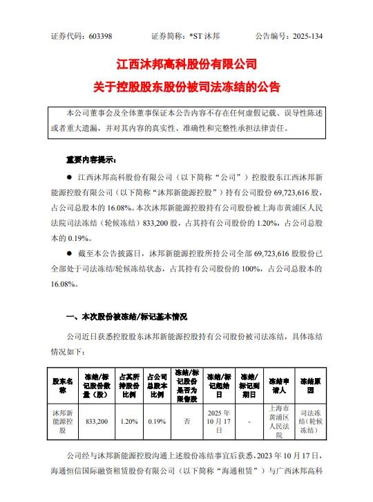 *ST沐邦：控股股东所持6972万股全部处于司法冻结状态
