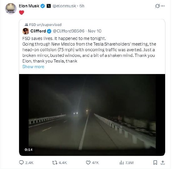 特斯拉车主感谢马斯克：FSD救了我一命