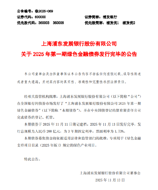 浦发银行:200亿元绿色金融债券发行完毕