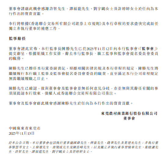 东莞农商银行:许智、谭福龙、刘宇鸥及许婷婷辞任独立非执行董事