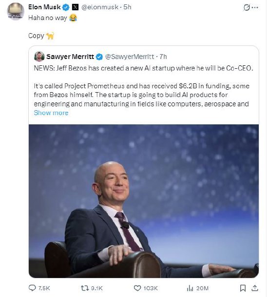 贝索斯创办人工智能初创公司，马斯克回应：“哈哈，跟屁虫”