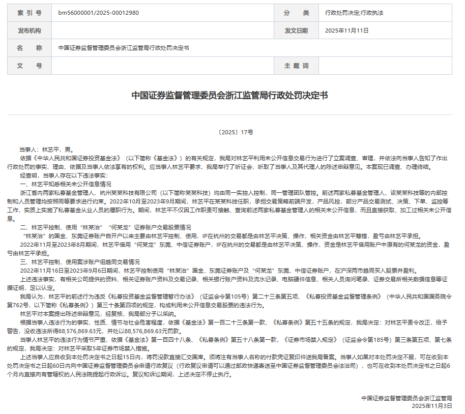 抄浙江某私募作业,获利超8800万元!“内鬼”林艺平被重罚1.77亿元