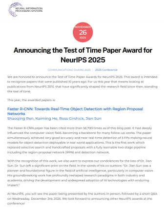 中国科学家任少卿首获NeurIPS时间检验奖，十年研究通过“时间检验”