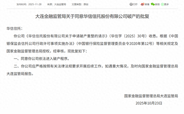 刚刚，又一家信托公司进入破产程序！